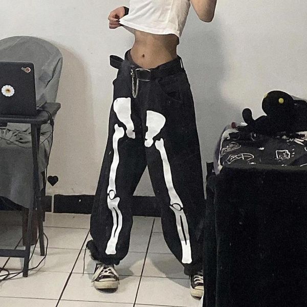 

women's jeans retro skeleton print denim women grunge loose baggy pants streetwear high waist cargo trousers vintage cuteandpsycho, Blue