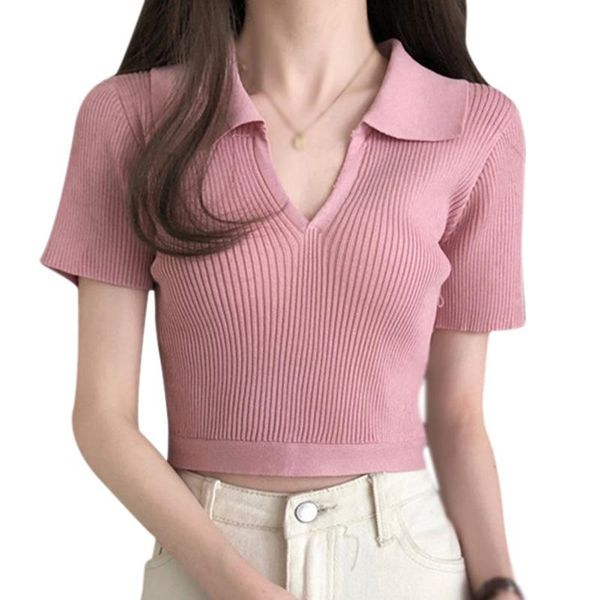 

women's t-shirt efinny women v neck short knitted slim backless bandage sleeve korean fashion clothing, White