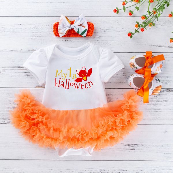 

baby halloween dress printed pumpkin children's jumpsuit set fashion, White