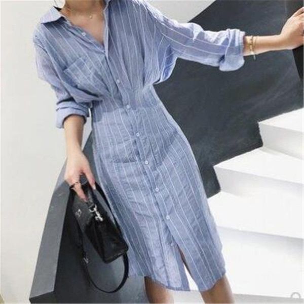 

casual dresses lapel striped cool wind minimalist long sleeve shirt dress women's spring style waist closing slim fashion mid, Black;gray