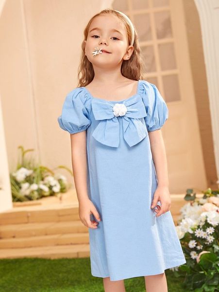

toddler girls 1pc stereo flower bow front puff sleeve dress she, Red;yellow