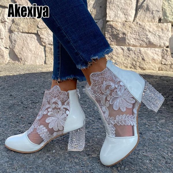 

boots woman mesh black ankle for women summer square heels sandal ladies round toe lace o478