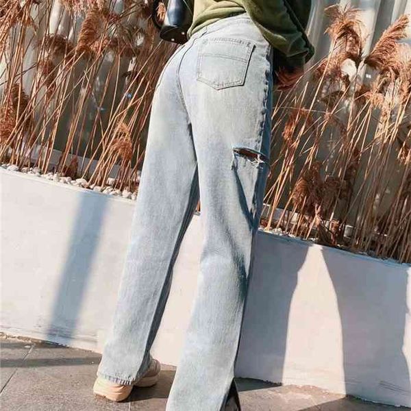 

autumn and winter new wild cowboy wash high waist street hole casual wide leg jeans women, Blue