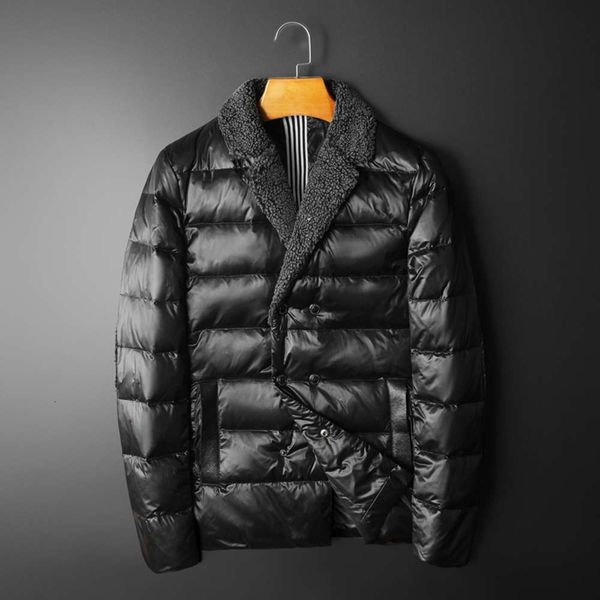 

2021 winter new down men's suit lamb wool collar double row button short warm jacket, Black