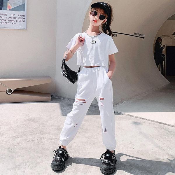 

clothing sets teen girls summer fashion outfits cotton short sleeve tshirt + ripped hole pants casual style streetwear children set, White