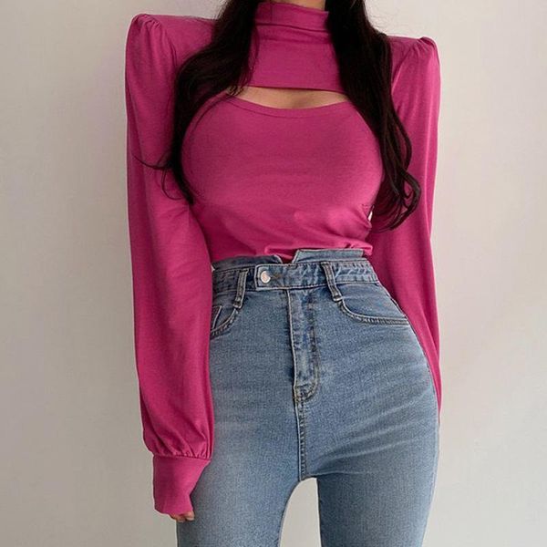 

women's t-shirt 2021 fashion long sleeve t-shirts hollow out casual tight high collar irregular bubble soild color female tees, White