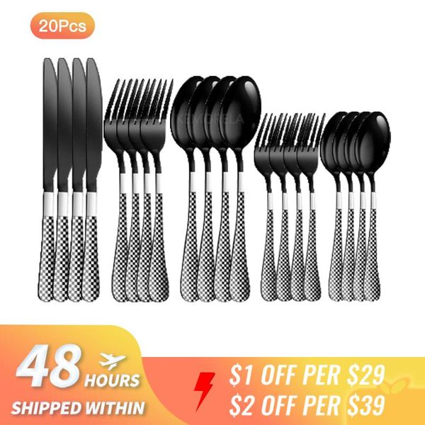 

dinnerware sets nordic style 20pcs black stainless steel cutlery christmas gift box set golden fork steak knife silver spoon dinner