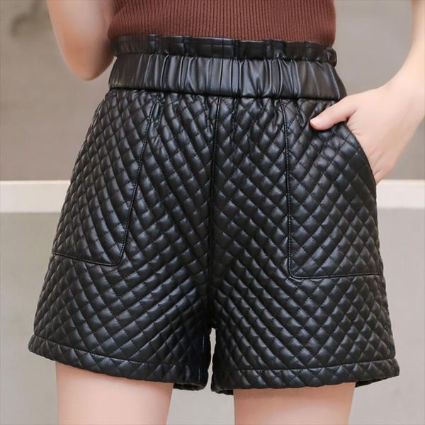 

autumn winter pu leather women shorts high waist faux elastic black, White;black
