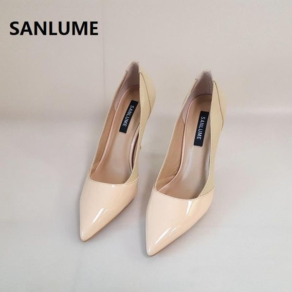 

dress shoes sanlume 7cm 10cm women pointed toe leather classic high heels nude wedding lady party pumps size 40, Black
