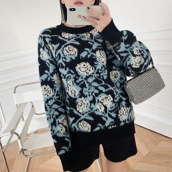 

2021 rose jacquard sweater women o-neck long sleeve autumn winter new ladies casual clothes qo61, White;black