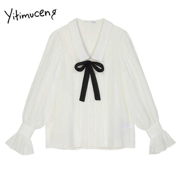 

yitimuceng bow lace up blouse women lantern sleeve button shirts straight white spring korean fashion turn-down collar 210601