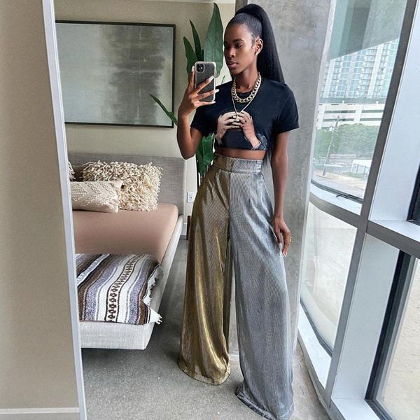 

women's pants & capris fashion summer metal high-waisted pleated wide leg trousers retro golden silver shiny casual long, Black;white