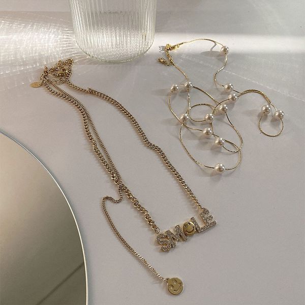 

chain women pendants korean diamond inlaid english alphabet smile necklace fashion indifference temperament clavicle net red women's st, Silver