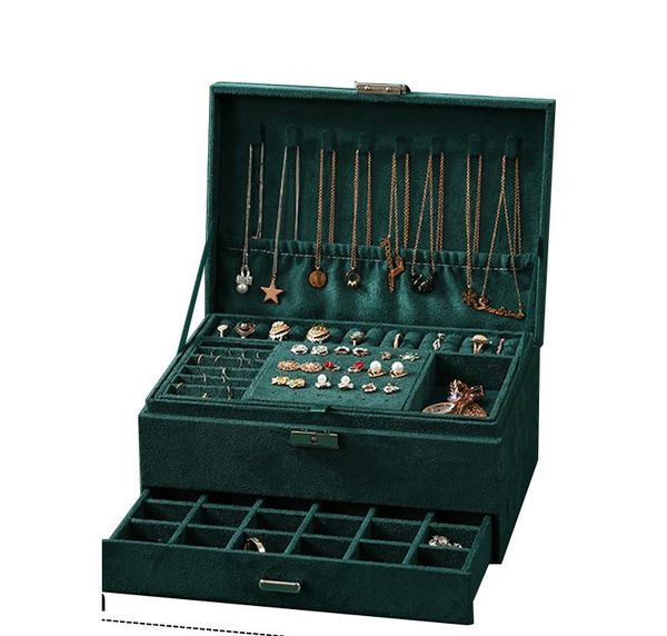 

2021 new 3-layers green stud jewelry organizer large ring necklace makeup holder cases velvet jewelry box with lock for women, Black;white