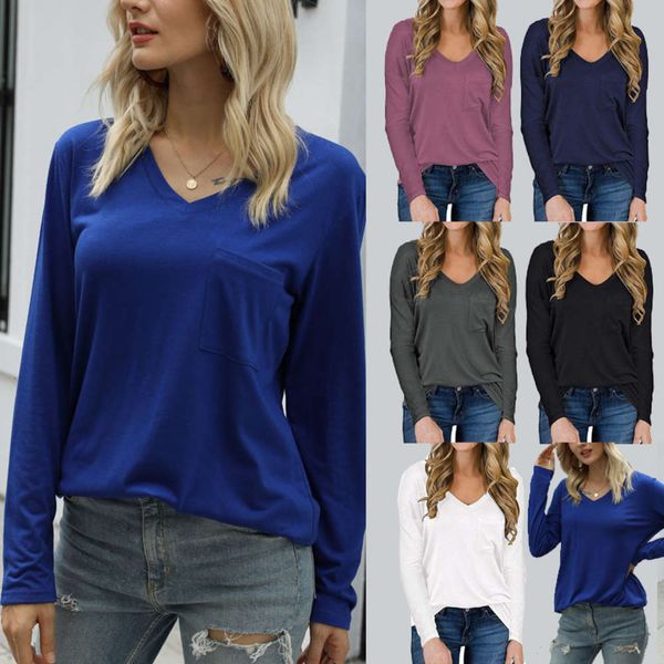 

new solid color v-neck loose casual long sve pocket t-shirt for autumn and winter 2020, Black;white
