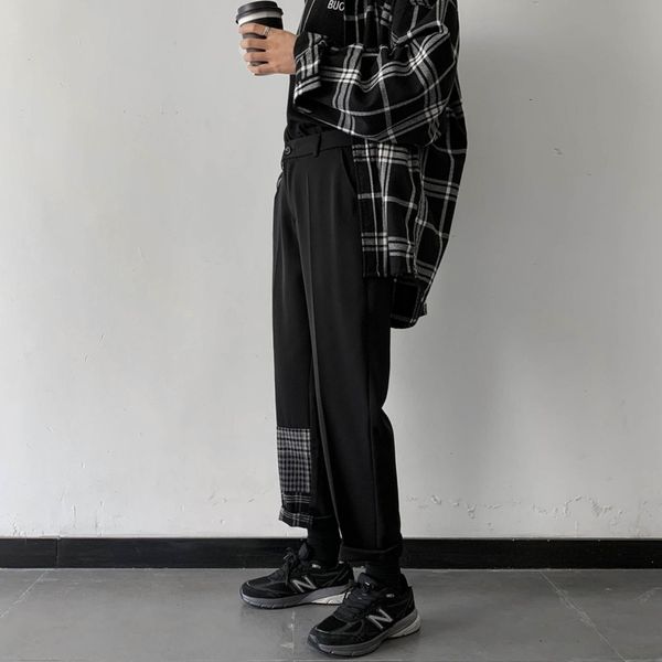 

2021 spring summer casual men's fashion retro lattice stitching men streetwear straight wide leg pants foy3, Black
