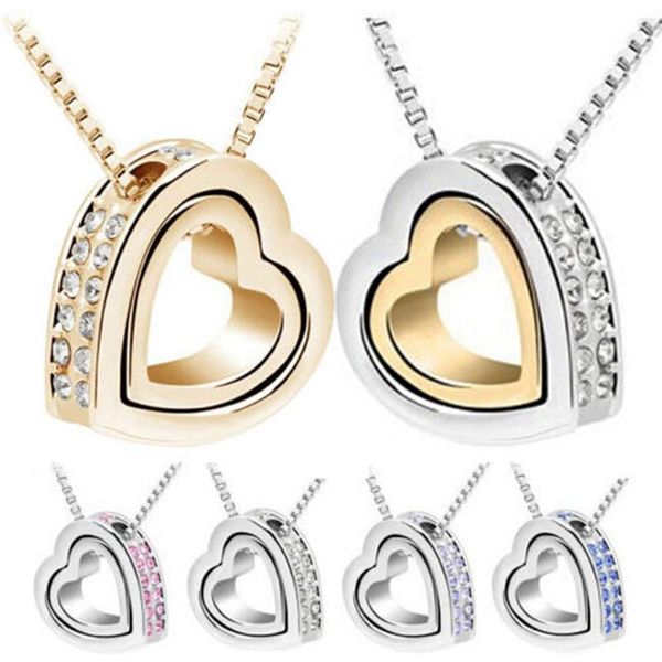 

pendant necklaces 2021 quality austrian crystal + double heart sweater chain nelace charm women fashion jewelry, Silver