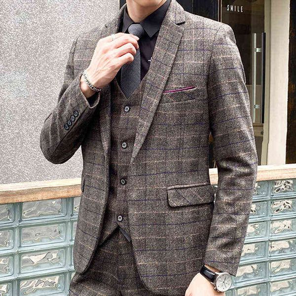 

luxury suits blaze men's autumn and winter korean slim fit men's three piece man lattice one button suit, Black