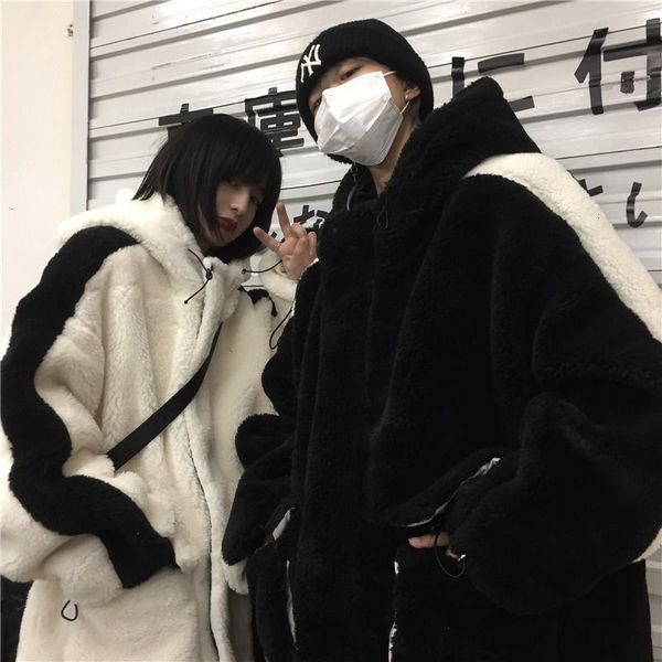 

2021 Top quality Winter Thick Lamb Fur Jacket Men's Warm Fashion Retro Casual Hooded Men Wild Couple Short Coat Mens Clothes 7TK4, Black