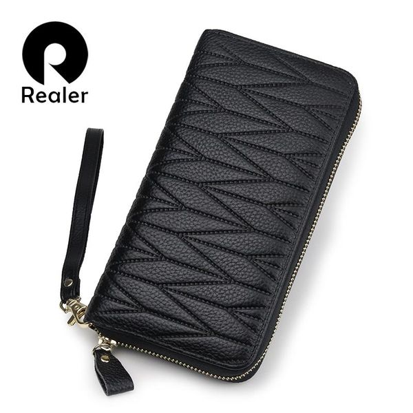 

wallets realer women wallet genuine leather with phone/coin/card pocket zippers for ladies purses short strap female, Red;black
