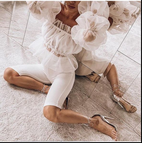 

lantern long elastic sleeve off shoulder white blouse shirt women transparent mesh summer ruffle backless blusa