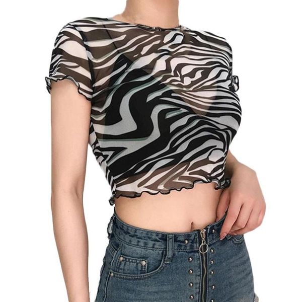 

women's t-shirt fashion women zebra stripe print see-through sheer mesh fishnet o neck stretchy crop female summer #40, White