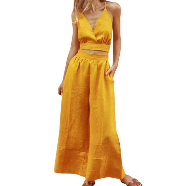

fashion women casual suit solid color sleeveless sling t-shirt wide-leg trousers sport set lady summer elegance sets yl5, Gray