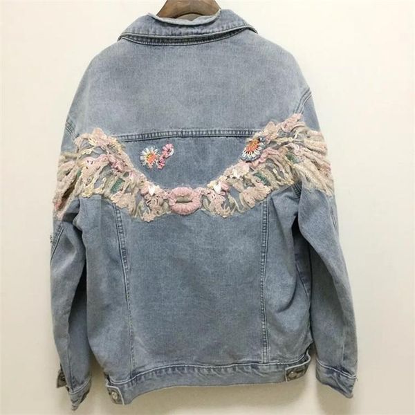 

women's jackets jacket jeans 2021 heavy women outwear 3d appliques floral basic long sleeves short denim coat, Black;brown