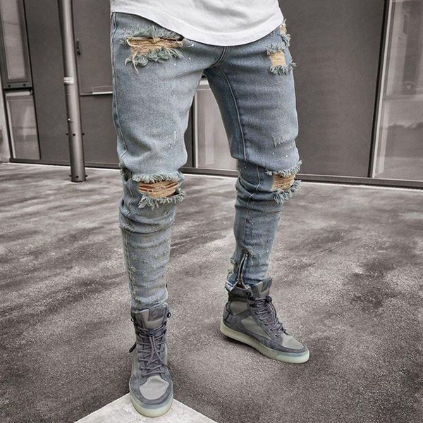 

fashion-denim pants ripped mens blue designer clothing draped slim holes pencil zipper fit jeans pantalones hombes usfmh, Black