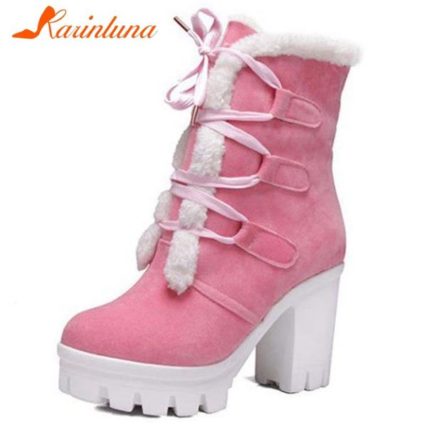 

boots karin big size 34-43 female warm fur platform chunky high heels shoelace plush women winter ankle shoes, Black