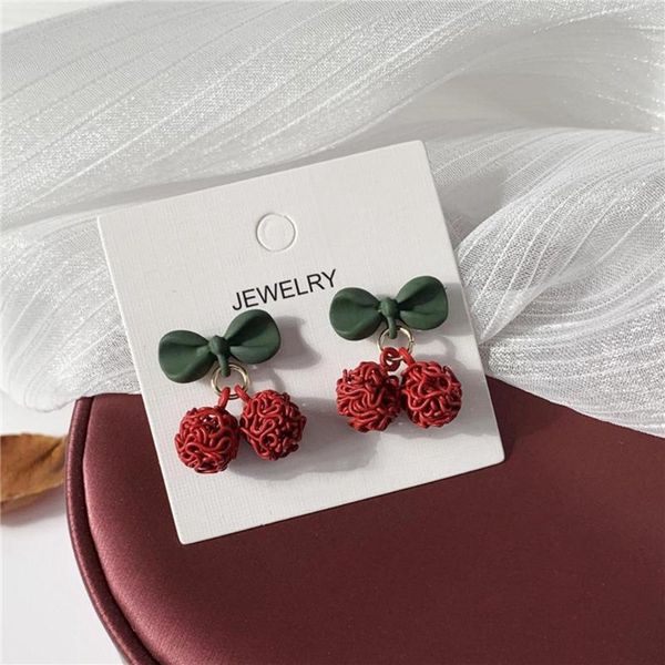 

dangle & chandelier korean temperament cute red cherry earrings sweet hollow round ball bow pendant stud ear fashion jewelry 2021 gift, Silver