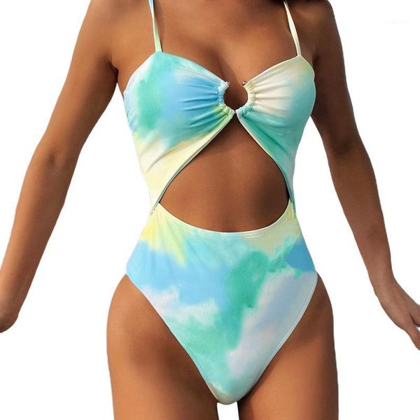 

women's swimwear swimsuit, sleeveless cut out ring front tie dye print monokini, White;black
