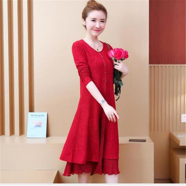 

casual dresses plus size 5xl women dress spring a-line patchwork mesh o-neck long sleeve elegant 2021 button femme m442, Black;gray