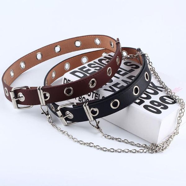 

belts double row hole belt for men women punk style waistband with eyelet chain decorative jeans pants trousers 2021, Black;brown