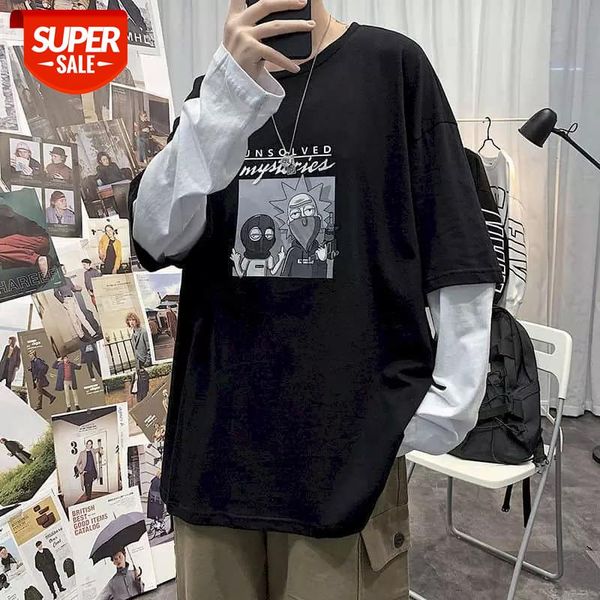 

long-sleeved tshirt male fake two pieces of korean version of the trend the new loose hip-hop all-match shirt boys handsome #vw7z, White;black