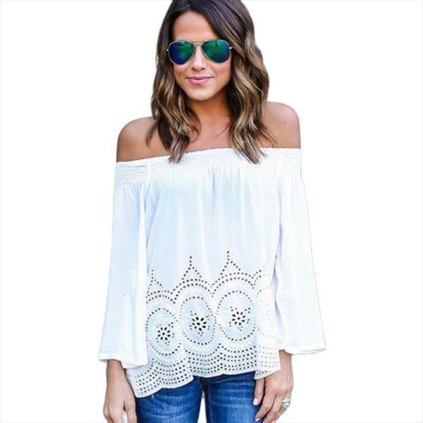 

casual summer chiffon blusas womens blouses off shoulder long sleeve lace plus size 3 colors s xxxl, White