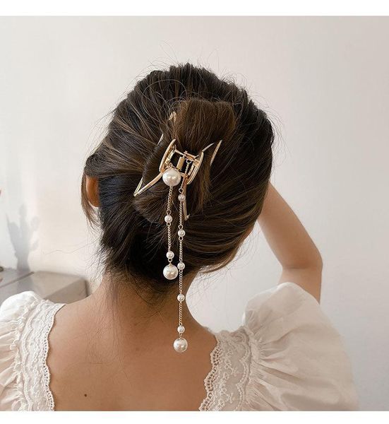 

hair clips & barrettes 2021 women elegant fringed pearl hollow geometric claw vintage headband hairpin fashion accessories, Golden;silver