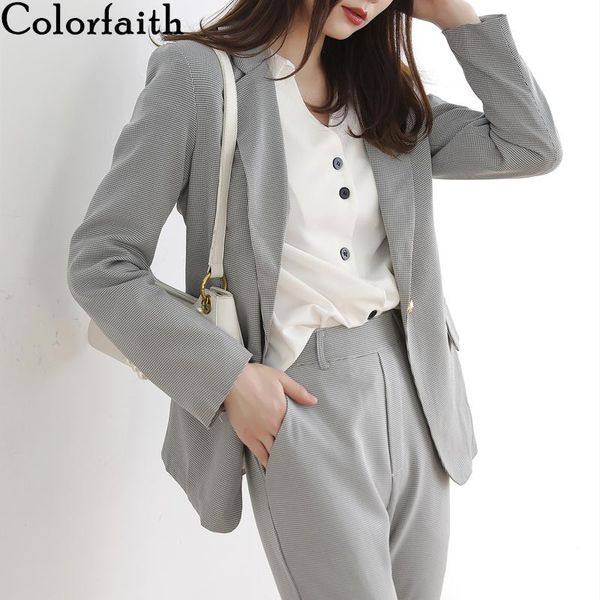

women's two piece pants colorfaith 2021 autumn winter sets 2 matching ankle-length check zipper elegant office lady suit ws1303, White