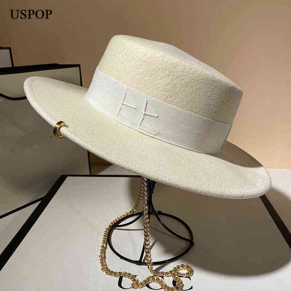 

uspop new winter hats women white fedoras with chain fashion letter wool hat aa220304, Blue;gray
