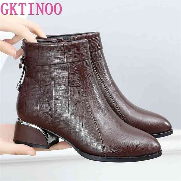 

gktinoo ankle boots women pointed toe thick heels genuine leather shoes short boots soft sole footwear plus size 35-43 210914, Black