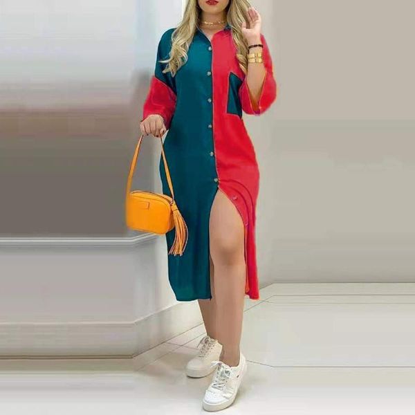 

casual dresses button patchwork color splicing dress long party elegant turn-down collar sleeve pocket 2021 summer shirt, Black;gray