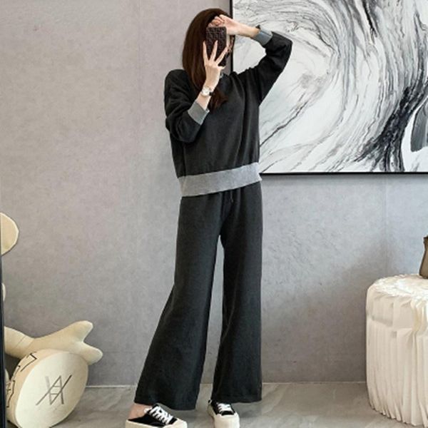 

women's two piece pants autumn winter tracksuit women cashmere blends contrast color pullover sweater + wide leg sets outfit casual, White