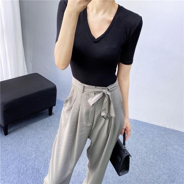 

women's t-shirt summer 2021 style v-neck solid color bottoming shirt inner slim fashion all-match short-sleeved n027, White