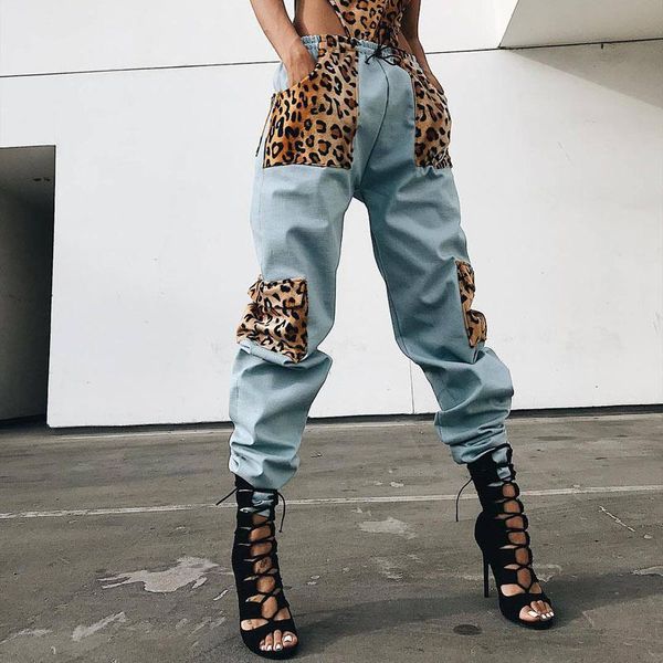 

women's pants & capris stitching leopard pocket overalls trousers loose high waist beam casual women fashion wild trend stree, Black;white