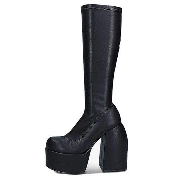 

women's mid calf boots elastic microfiber leather platform thick high heel demonia shoes black goth shoes botas femininas 211105