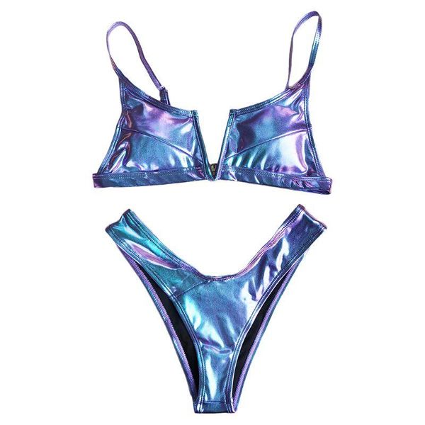 

women bikini faux leather metallic swimsuit split v-neck colorful beachwear