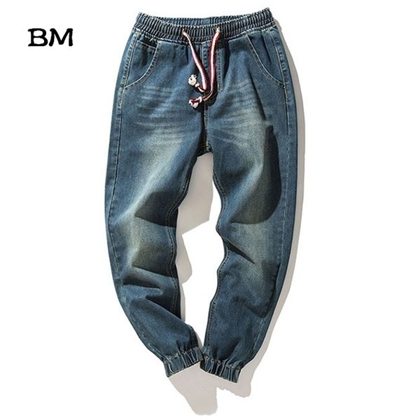 

streetwear denim stretch elastic waist jeans men blue cargo harem male plus size 5xl joggers korean full length pants 211111