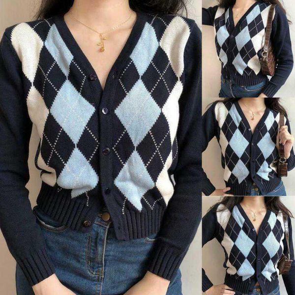 

women long sleeve button down knit cardigan vintage argyle plaid sweater coat, White