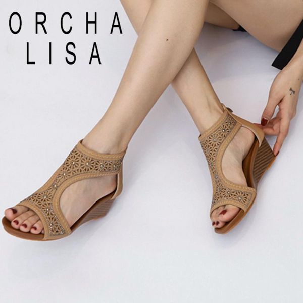 

orcha lisa women sandals new 2021 open toe 5cm wedge heels zip exotic soft bohemian luxury stylish big size 36-42 casual a3634, Black