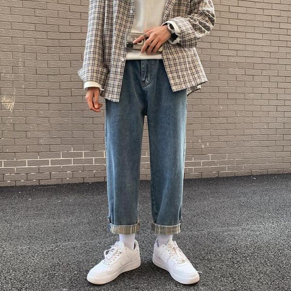 

men's jeans personality pants straight tube loose fashion brand wide leg casual, Blue